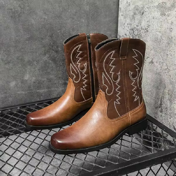 Men's Fashion Embroidered Denim High-Top Boots, Side Zipper Design, Comfortable Non-Slip Casual Shoes, Suitable For Men's Outdoor Activities.