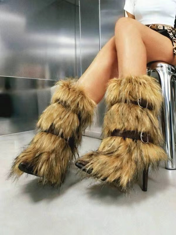 Women's Knee High Boots Point Toe Slip On Boots Sexy Stiletto High Heel Furry Boots Warm Straight Long Boots Belt Straps Fashion Party Boots