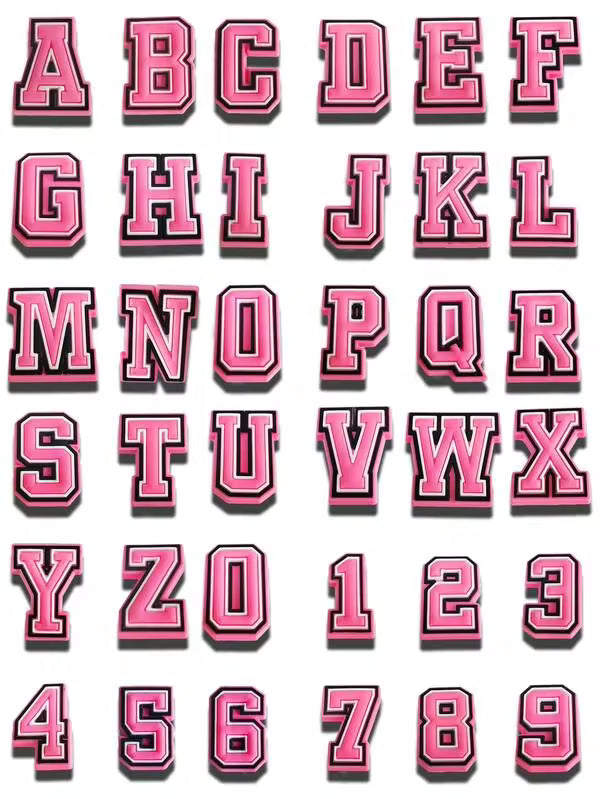 36pcs Pink Letter Series Shoe Charms, Suitable For Slippers & Sandals, PVC Shoe Decoration Accessories, Unisex, Christmas, Birthday, Party Gifts