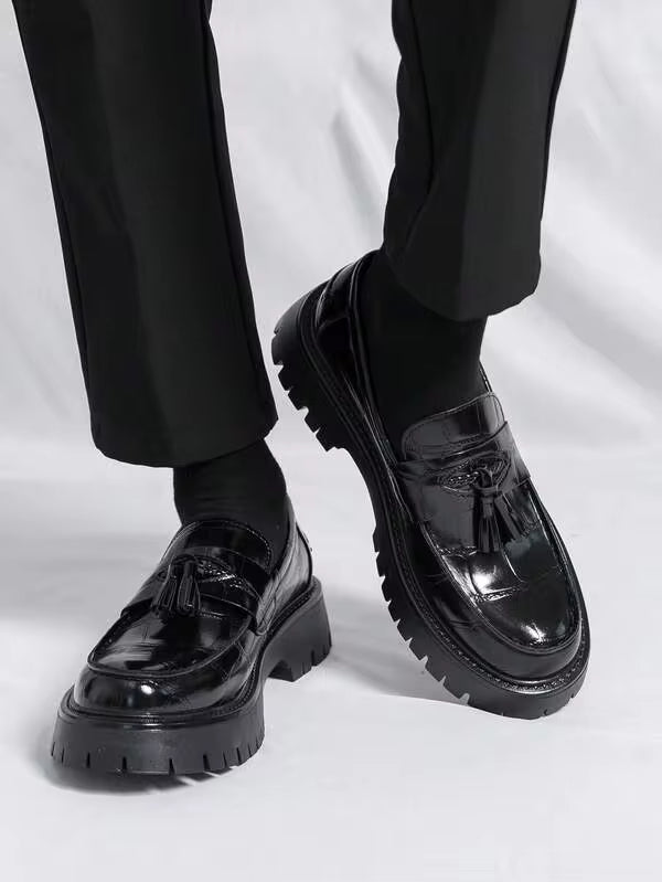 Men's Leather Printed Platform Slip-On Penny Loafers Fashion Round Toe Metal Decoration Non-Slip Lug Sole Business Dress Shoes For Driving OfficeParty