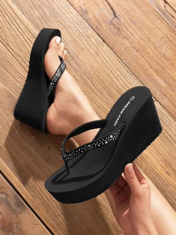 Women'S Platform Flip Flop Rhinestones Arch Support Comfortable Soft Cushion Wedge Flip Flops Summer Thong Sandals